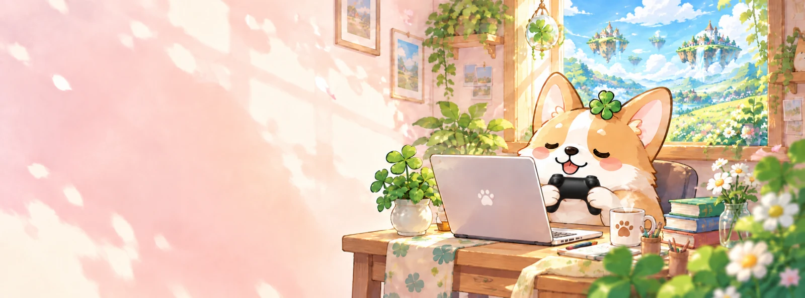 頭にクローバーをのせたコーギーが、部屋の机でノートパソコンを前にゲームのコントローラーを持ってくつろいでいる絵